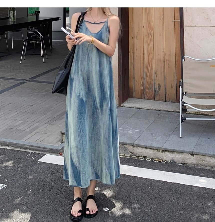 V-Neck Tie Dye Maxi A-Line Spaghetti Strap Dress