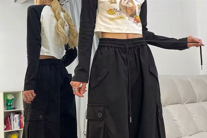 Drawstring Waist Plain Ruched Baggy Cargo Pants