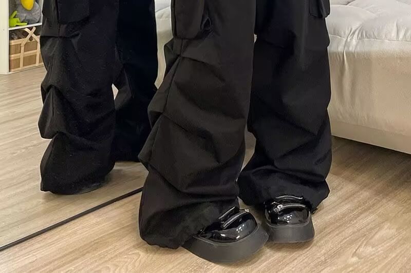 Drawstring Waist Plain Ruched Baggy Cargo Pants