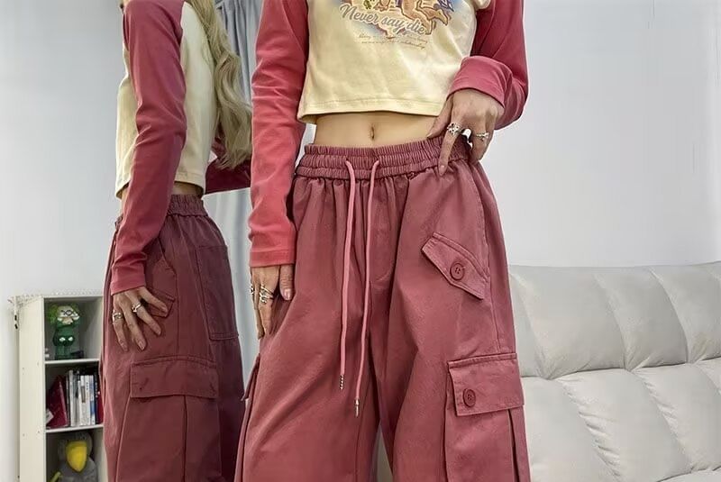 Drawstring Waist Plain Ruched Baggy Cargo Pants