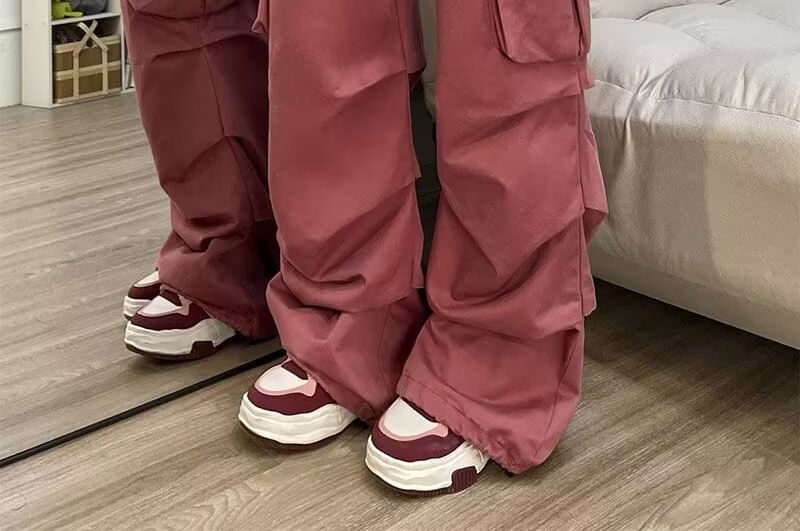 Drawstring Waist Plain Ruched Baggy Cargo Pants