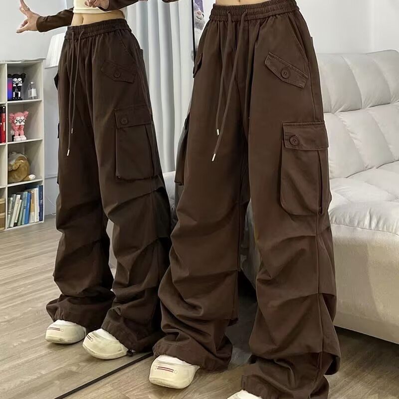 Drawstring Waist Plain Ruched Baggy Cargo Pants