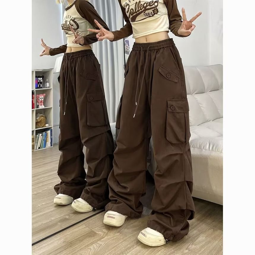 Drawstring Waist Plain Ruched Baggy Cargo Pants