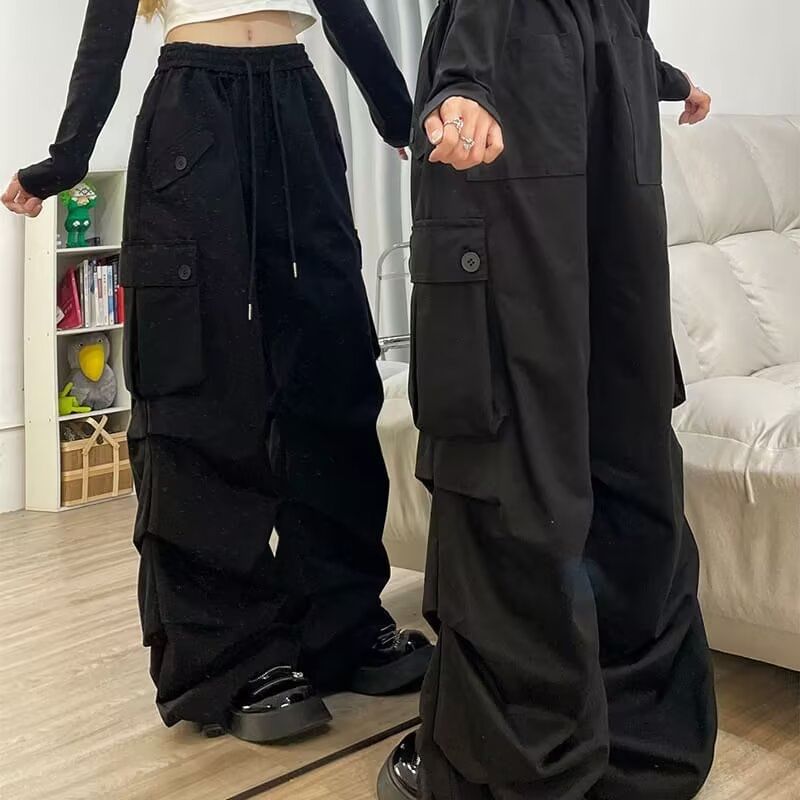 Drawstring Waist Plain Ruched Baggy Cargo Pants