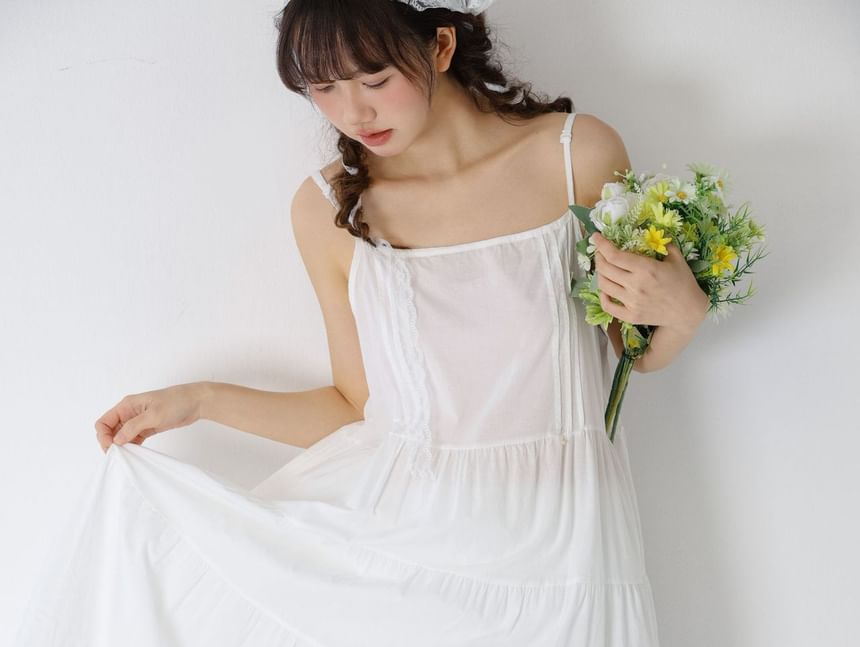 Lace Trimmed Maxi A-Line Dress - Thin Strap
