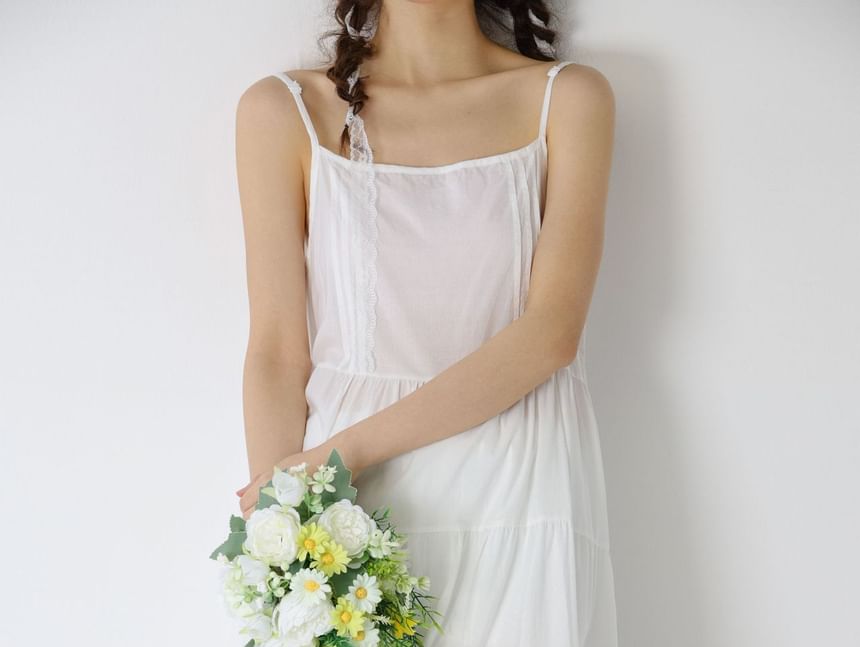 Lace Trimmed Maxi A-Line Dress - Thin Strap