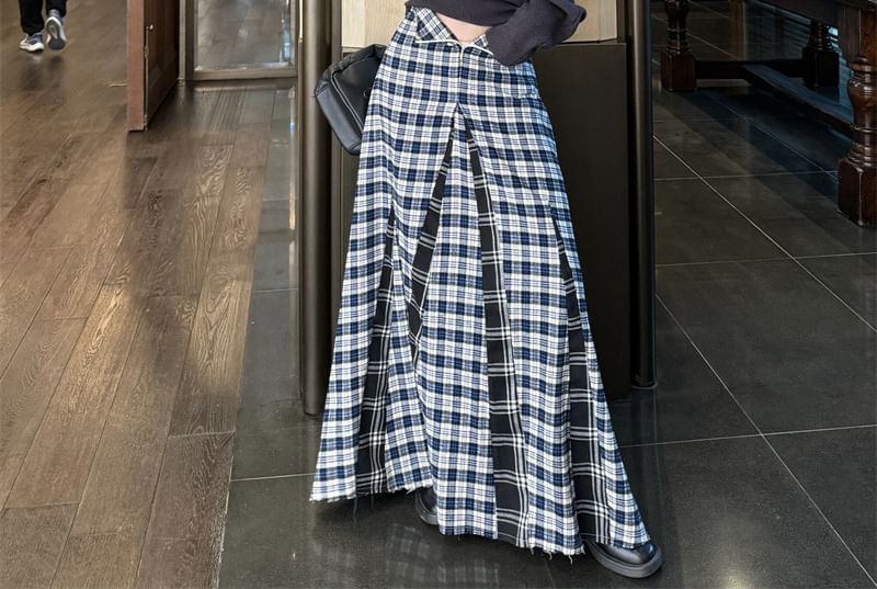 Off-Shoulder Knit Top Paired with Plaid Midi Skirt