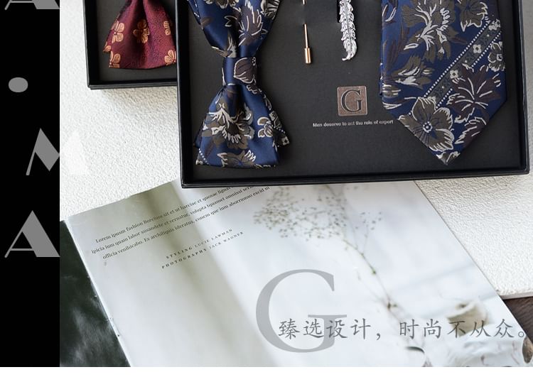 Set: Striped Tie + Tie Clip + Lapel Pin + Pocket Square