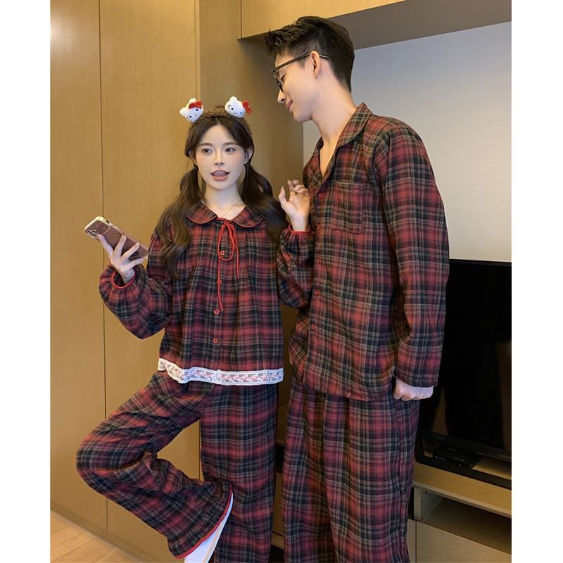 Couple Matching Long-Sleeve Plaid Pajama Shirt / Pants / Lace Trim Bow Shirt / Set