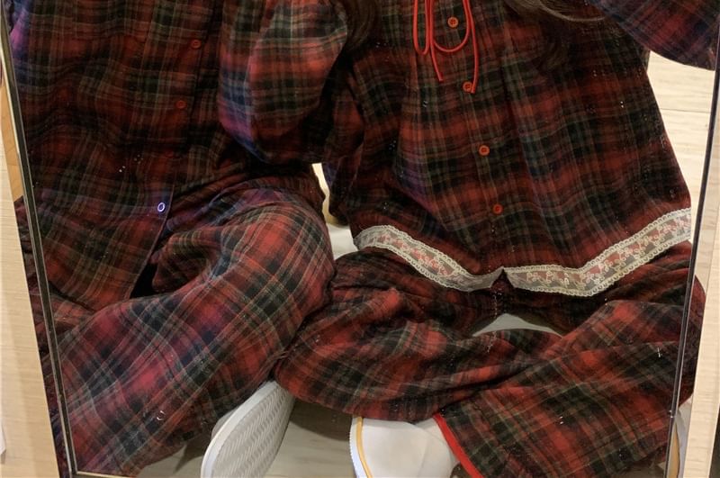 Couple Matching Long-Sleeve Plaid Pajama Shirt / Pants / Lace Trim Bow Shirt / Set