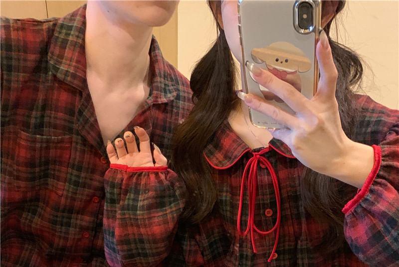 Couple Matching Long-Sleeve Plaid Pajama Shirt / Pants / Lace Trim Bow Shirt / Set