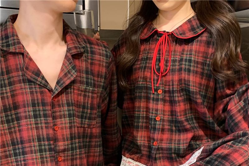 Couple Matching Long-Sleeve Plaid Pajama Shirt / Pants / Lace Trim Bow Shirt / Set