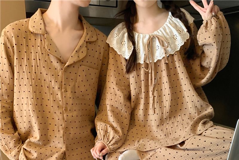 Couple Matching Dotted Pajama Shirt / Long-Sleeve Lace Trim Top / Pants / Set