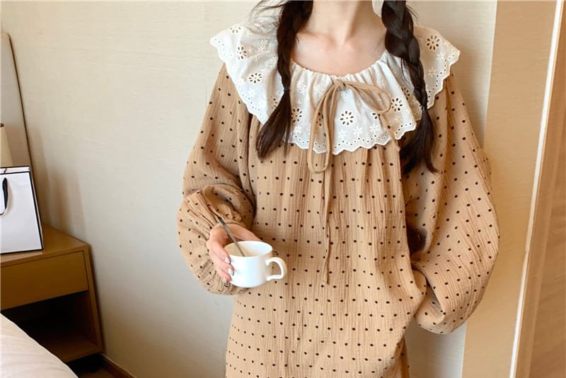Couple Matching Dotted Pajama Shirt / Long-Sleeve Lace Trim Top / Pants / Set