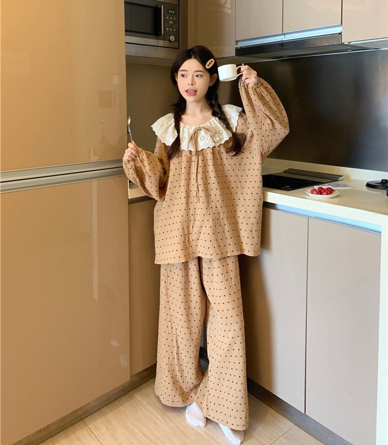 Couple Matching Dotted Pajama Shirt / Long-Sleeve Lace Trim Top / Pants / Set