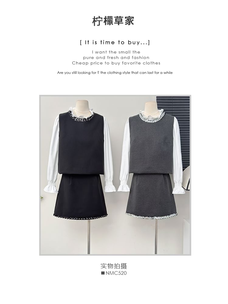 Ruffled Hem Top with Sequin Trim Vest and Mini Flared Skirt Set