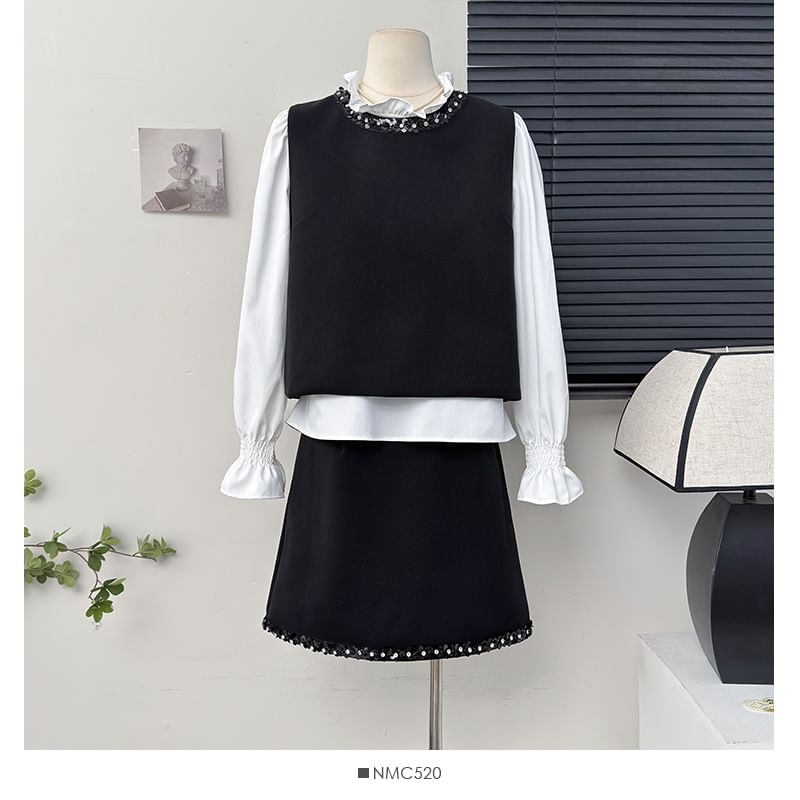 Ruffled Hem Top with Sequin Trim Vest and Mini Flared Skirt Set