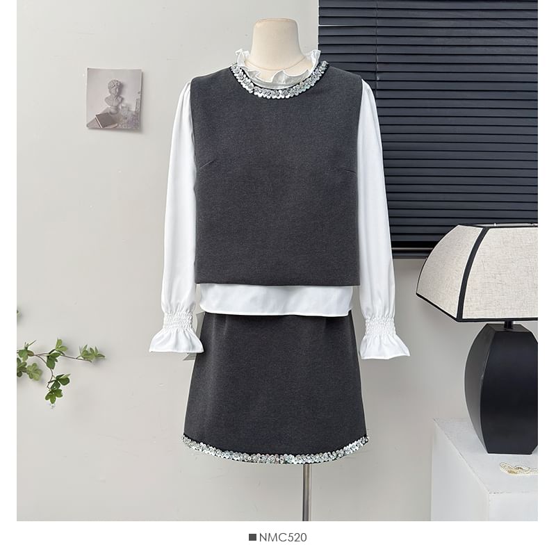 Ruffled Hem Top with Sequin Trim Vest and Mini Flared Skirt Set