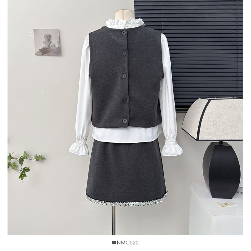 Ruffled Hem Top with Sequin Trim Vest and Mini Flared Skirt Set
