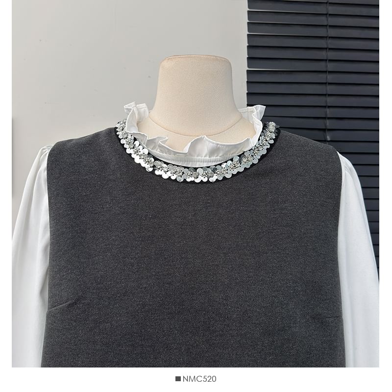 Ruffled Hem Top with Sequin Trim Vest and Mini Flared Skirt Set
