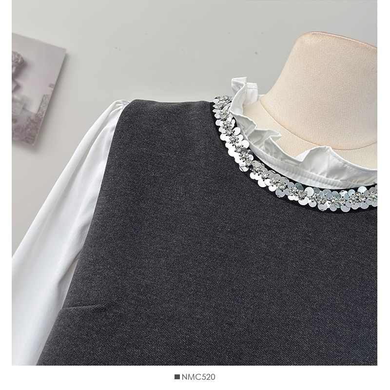 Ruffled Hem Top with Sequin Trim Vest and Mini Flared Skirt Set