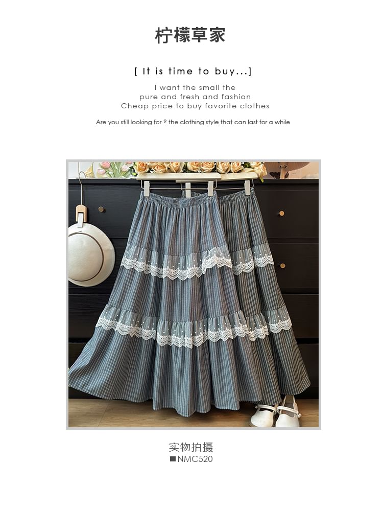 Chalk Stripe Lace Accent Flared Midi Skirt