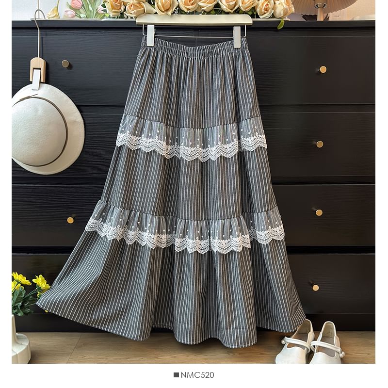 Chalk Stripe Lace Accent Flared Midi Skirt