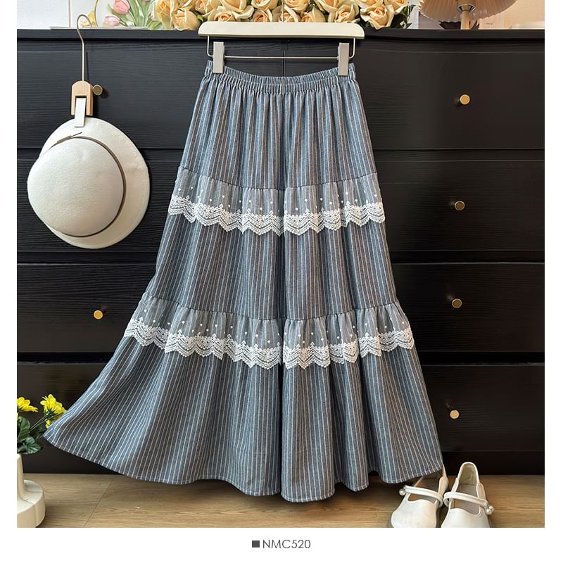 Chalk Stripe Lace Accent Flared Midi Skirt