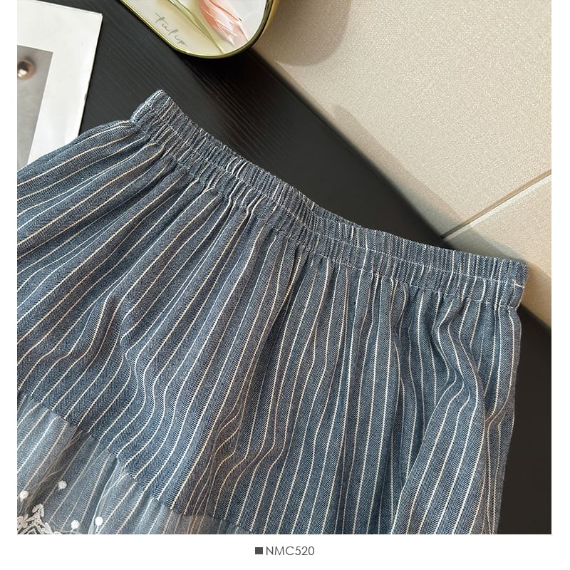 Chalk Stripe Lace Accent Flared Midi Skirt