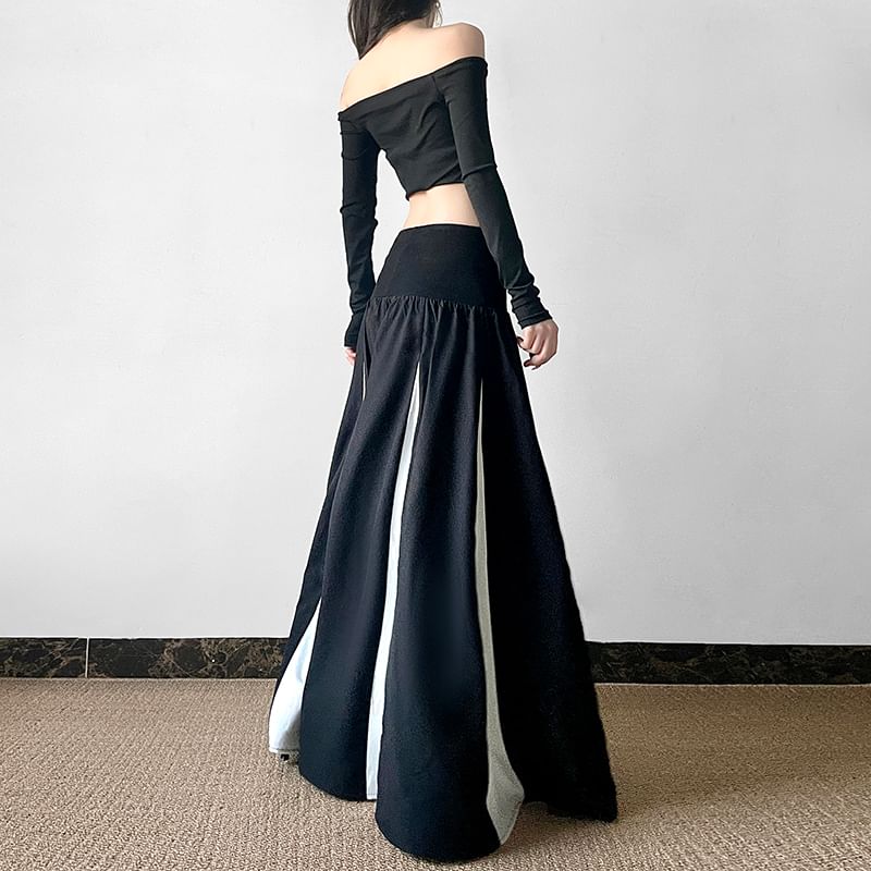 Two-Tone Panel Maxi Skirt with Mid Rise Fit