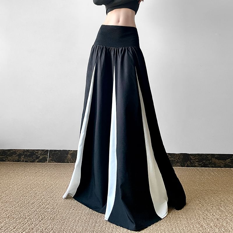 Two-Tone Panel Maxi Skirt with Mid Rise Fit