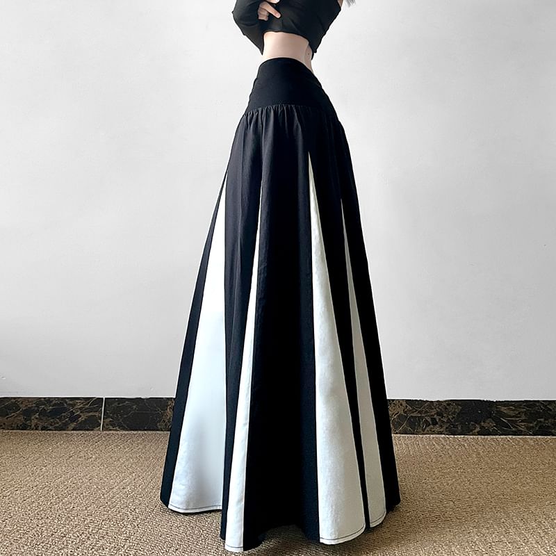 Two-Tone Panel Maxi Skirt with Mid Rise Fit