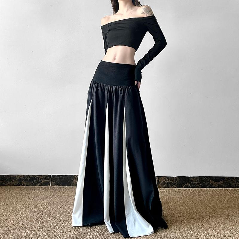 Two-Tone Panel Maxi Skirt with Mid Rise Fit