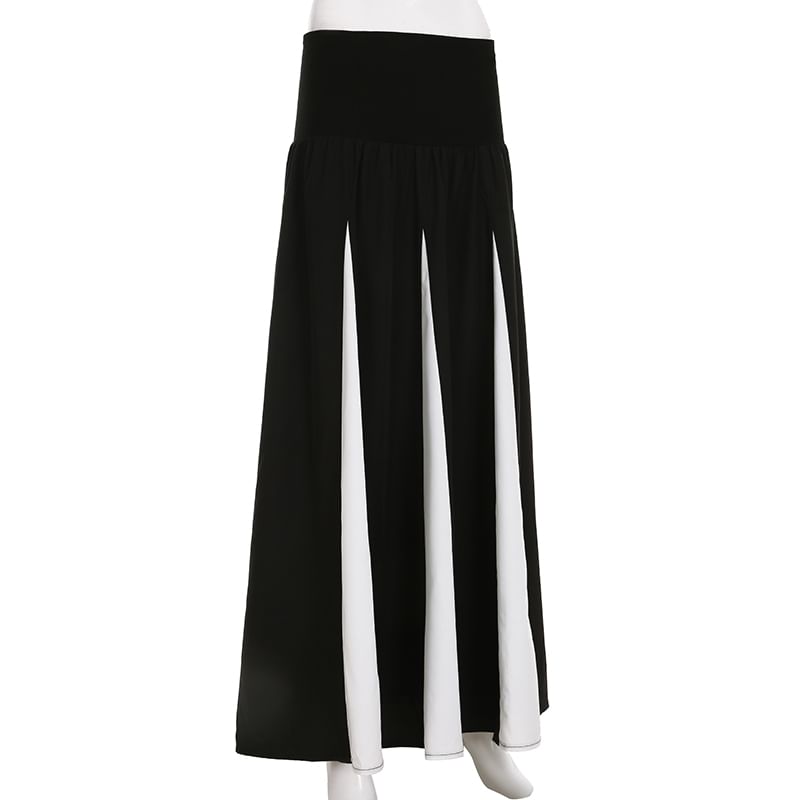 Two-Tone Panel Maxi Skirt with Mid Rise Fit