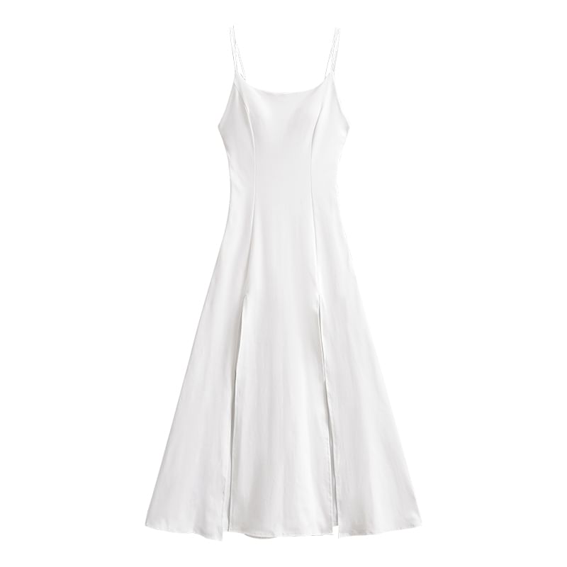 Plain Padded Slit Maxi A-Line Spaghetti Strap Dress