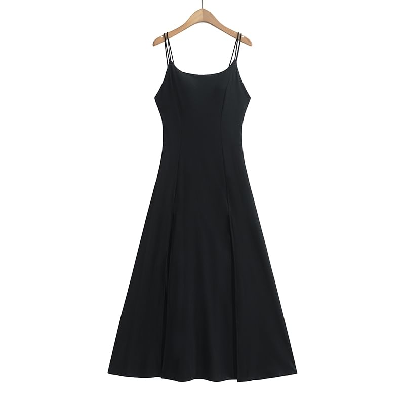 Plain Padded Slit Maxi A-Line Spaghetti Strap Dress