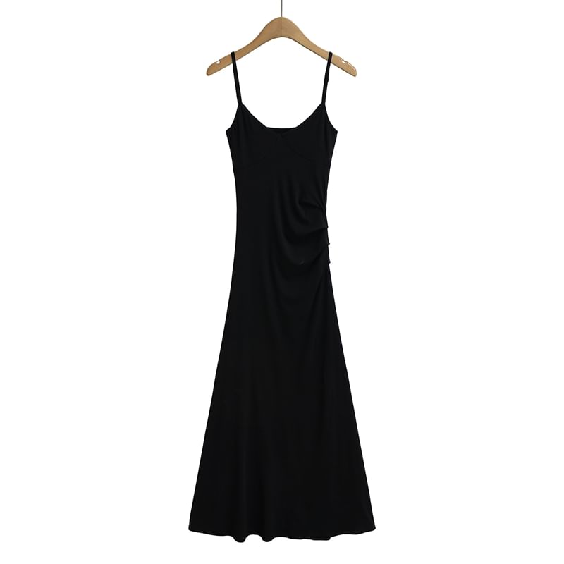 Plain Open Back Ruched Midi A-Line Spaghetti Strap Dress