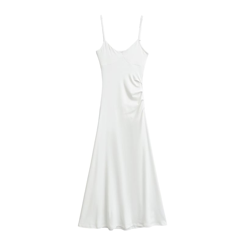 Plain Open Back Ruched Midi A-Line Spaghetti Strap Dress