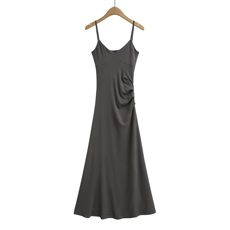 Plain Open Back Ruched Midi A-Line Spaghetti Strap Dress