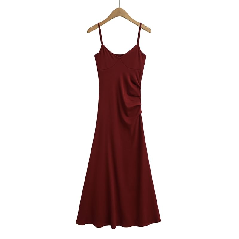 Plain Open Back Ruched Midi A-Line Spaghetti Strap Dress