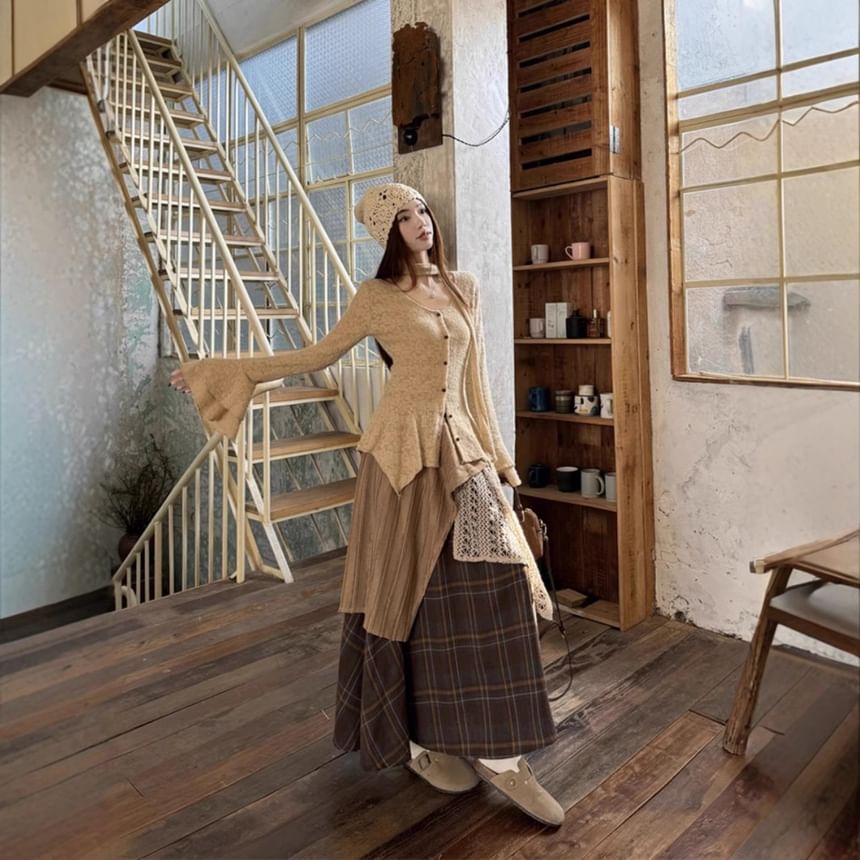 Lace Bell Sleeve Top with Scarf and Plaid Panel Maxi Skirt Set