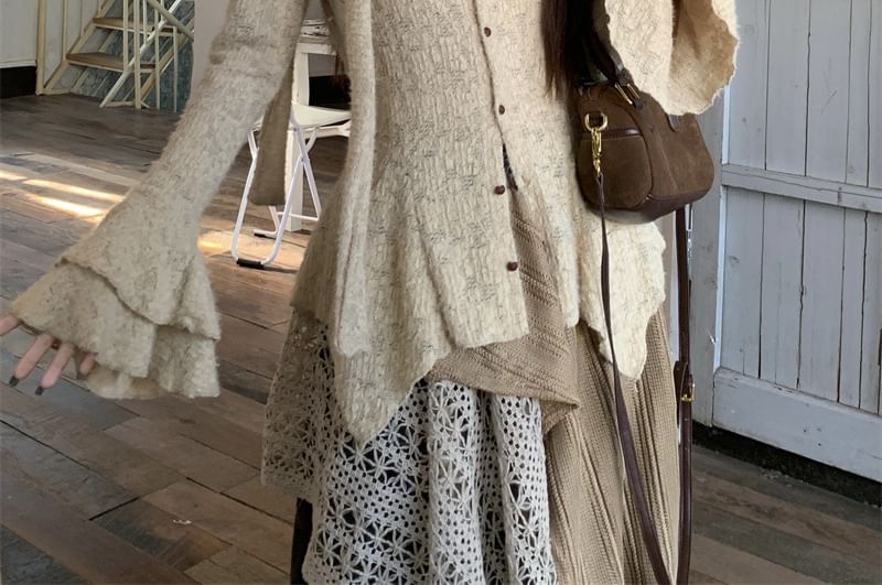 Lace Bell Sleeve Top with Scarf and Plaid Panel Maxi Skirt Set