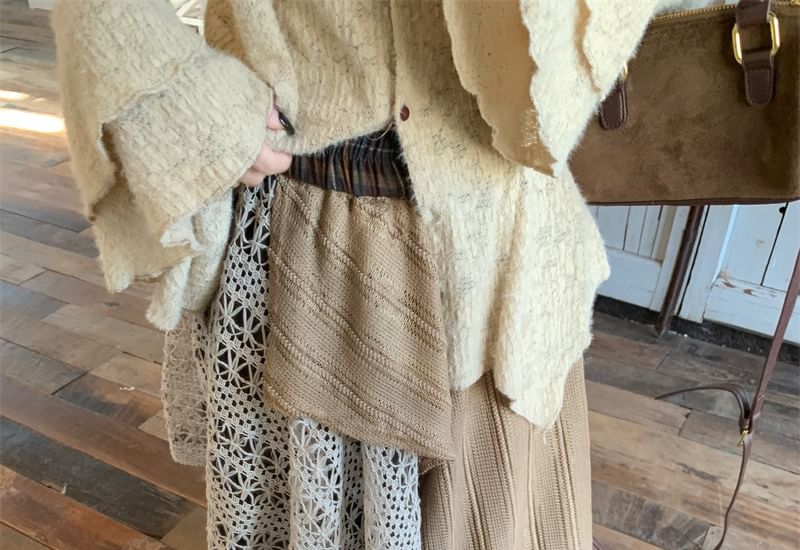 Lace Bell Sleeve Top with Scarf and Plaid Panel Maxi Skirt Set