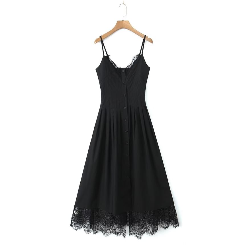 V-Neck Lace Midi A-Line Spaghetti Strap Dress