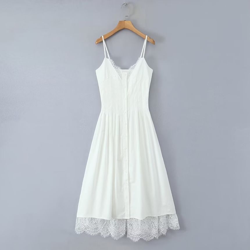 V-Neck Lace Midi A-Line Spaghetti Strap Dress