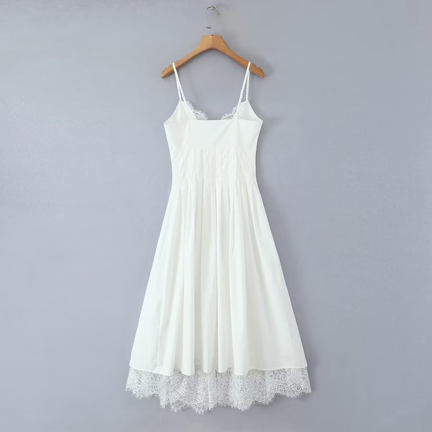 V-Neck Lace Midi A-Line Spaghetti Strap Dress