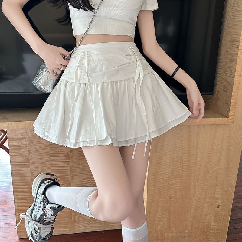 High Rise Drawstring Ruched Layered Mini Flared Skirt