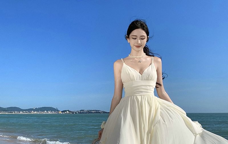 V-Neck Plain Maxi A-Line Spaghetti Strap Dress