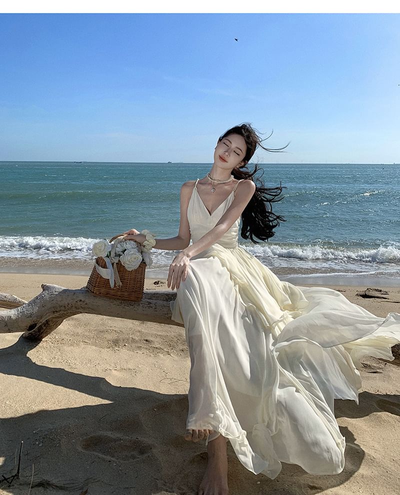 V-Neck Plain Maxi A-Line Spaghetti Strap Dress