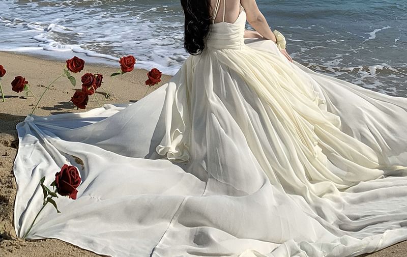 V-Neck Plain Maxi A-Line Spaghetti Strap Dress